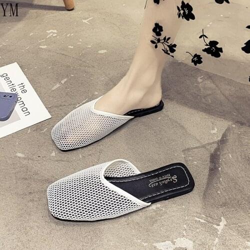2021 Summer Mesh New Womens Sandals Flat Square Toe Fashion Open Toe Slippers Outdoor Zapatillas Mujer Casa Sapato Feminino