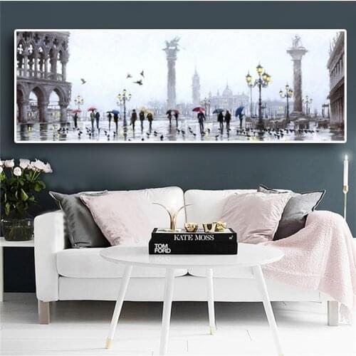 Abstract City Rain Street Scenes Oil Painting on Canvas Landscape Buildings Cuadros Poster and Print Wall Art for Living Room