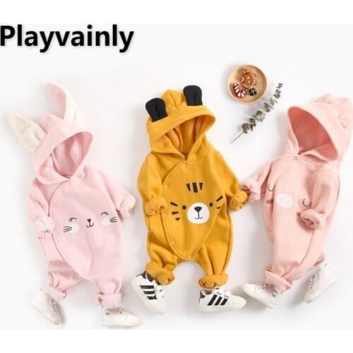 2021 Korean Style New Autumn Kids Boys Girls Romper Pink Long Sleeves Rabbit Ears Hooded Thick Jumpsuit Newborn Clothes E9122