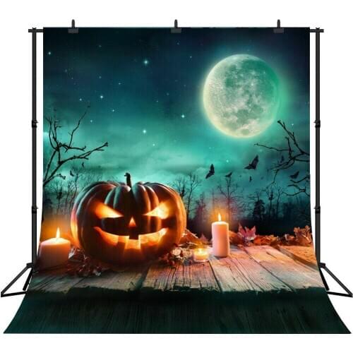 Halloween Photography Backdrop Pumpkin Castle Bats Moon Lamps Wall Background