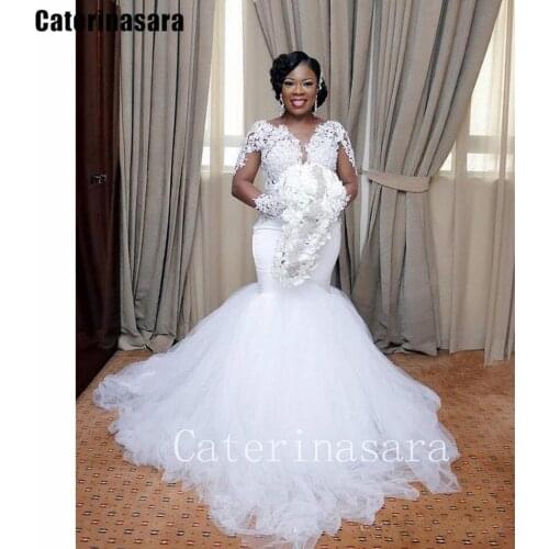 Illusion Long Sleeves Lace Organza Mermaid Wedding Dress For Black Women Bridal Gown Custom Made