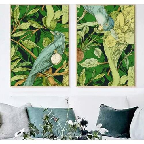 Green Plant Blue Bird Pocket Watch Landscape Posters And Prints Wall Art Canvas Painting Pictures Home Decor For Living Room