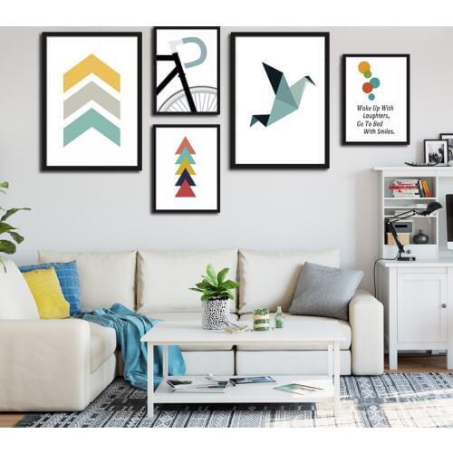 Nordic Colorful Direction Arrows Bicycle Abstract Geometry Bird Canvas Painting Poster Room Motto Text Wall Decorative Picture