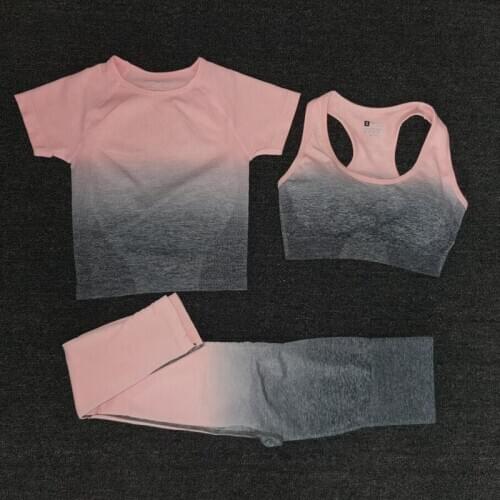 3pcs Women Seamless Yoga Set Gym High Waist Ombre Leggings +bra+long sleeve crop Top Suit Fitness Workout Sports Sportswear Set