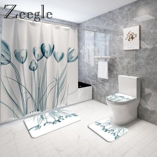 Floral Printed Bathroom Carpet Rug Bath Mat Set Polyester Waterproof Shower Curtain Home Decor Toilet Mat Anti-Slip Foot Rug Set