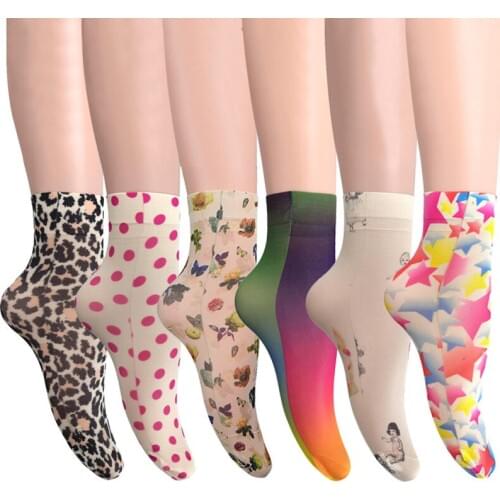 Summer Womens Socks Ultra-thin Transparent Crystal Silk Short Sock Harajuku Print Streetwear Breathable Ladies Ankle Socks