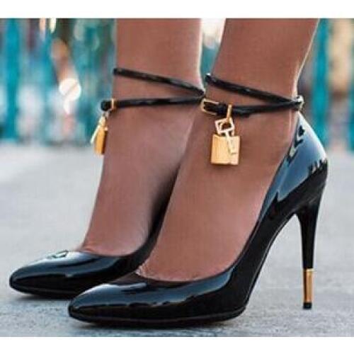 Hot Selling Padlock Ankle Strap High Heels 2019 Sexy Pointed Toe Woman Thin Heels Shoe Patent Leather Lady Pumps Nude Black