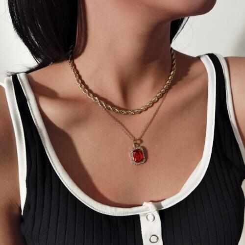 QiLuxy Multi Layered Twisted Metal Rope Chain Choker Necklaces for Women Rhinestone Crystal Square Pendant Necklace Jewelry