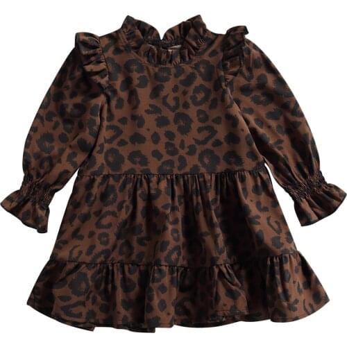 2021 2-7Y Fashion Kids Baby Girls Dress Spring Fall Ruffle Leopard Print Long Sleeve A-line Dress Sundress