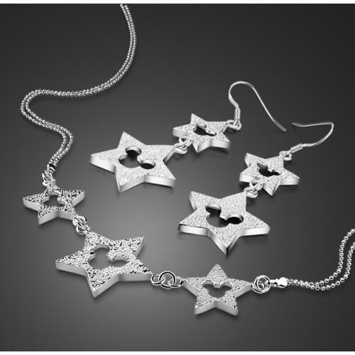 Fashion Silver Ladies Jewelry 925 Silver Set Earrings/Necklace Cute Style Star Pendant Design Solid Silver Jewelry Birthday Gi