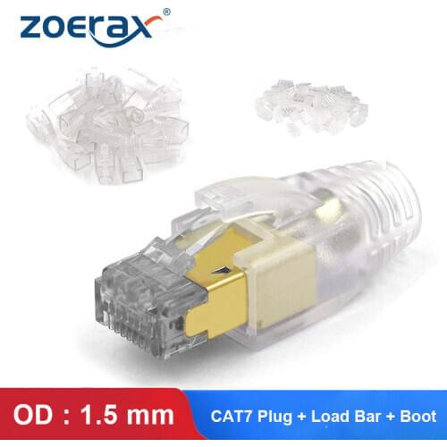 ZoeRax 3-Piece CAT6A & CAT7 Shielded RJ45 Modular Plug Connector 50μ - Wire Hole 1.5mm with Load-bar & Connector Boots