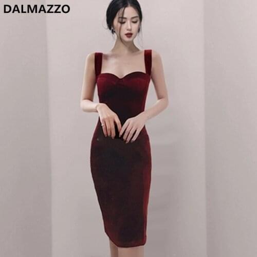 DALMAZZO New Retro Summer Package Hip Slim Dresses Women Sleeveless Spaghetti Strap Velvet Knee Length Dress Vestidos Clothes