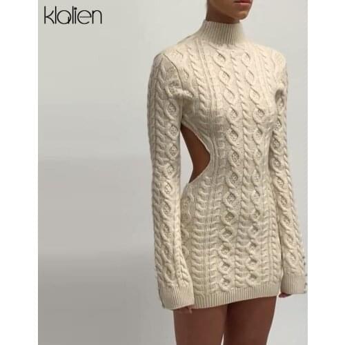 KLALIEN Simple Solid Long Sleeve Turtleneck Sweater Dress Autumn New Women Warm Streetwear Slim Stretch Mini Bodycon Dresses