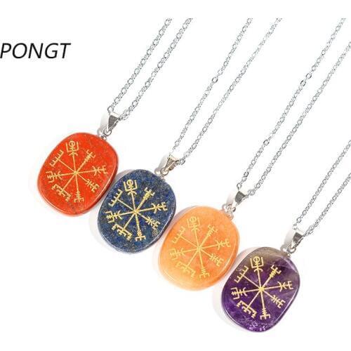 Reiki Chakra Natural Stones Pendant Carving Vegvisir Old Northern Europe Viking Rune Necklace Lapis Lazuli Opal Crystal Pendant