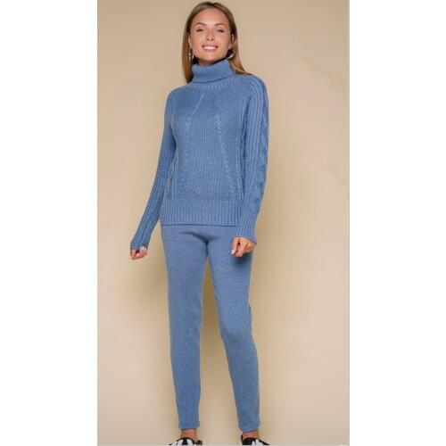 Woolen Twist Knit Warm Cashmere Sets High Collar Velvet Sweater + Mink Cashmere Trousers Leisure Two-Pieces Elastic Suits wq108