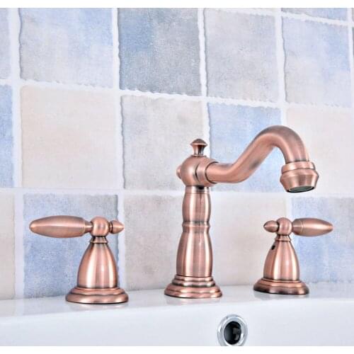 Basin Faucets Antique Red Copper Deck Mount Widespread Bathroom Sink Faucets 3 Hole Double Handle Hot And Cold Water Tap tsf534
