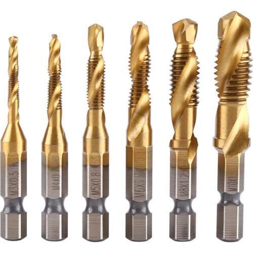 6pcs 1/4" M3-M10 Screw Tap Drill Bits HSS Countersink Coated Taps Hex Shank Thread Woodworking Drill Bits Hand Tools