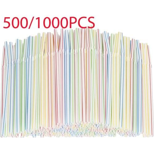 500/1000Pcs Disposable Plastic Drinking Straw Flexible Bendable Striped Multi-Colored Straws Party Supplies Color Random