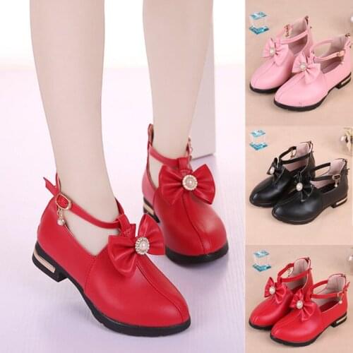 Children Leather Shoes Fashion Bow Student Princess Party Dress Wedding Dance Shoes Soft Bottom Kids Performance Girls High Heel