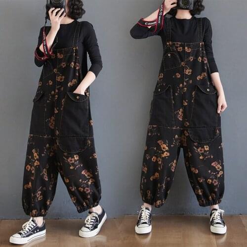 Retro Print Denim Overalls Female 2021 Spring Plus Size Fashion Slim Jumpsuit Jeans Pants Vintage Women Trousers Autumn zh231