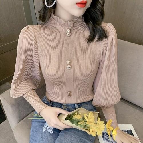 Vintage Turtleneck Sweater Chiffon Stitching Long Ruffles Sleeve Single Breasted New Fall Knitted Female Cultivate Ruffles Base