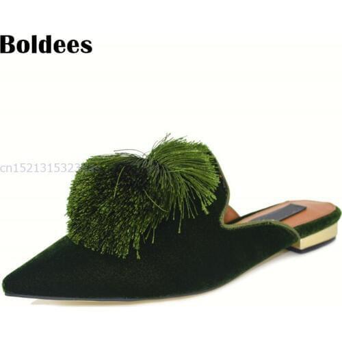 Luxury Velvet Slippers Women Pointed Toe Hair Ball Tassel Flat Slides Woman Fashion Muller Shoes 2018 Loafers