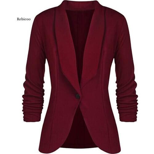 Office Lady Blazers Coat Solid Long Sleeves Cardigan Button Casual Suit Navy Blue Draped Slim Cotton Women Blazer Jacket