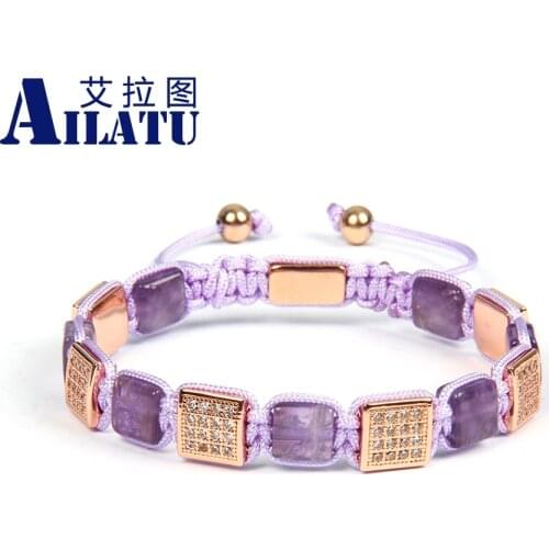 Customize Women Jewelry Natural Purple Square Bracelets Micro Pave CZ Beads Braiding Bracelet Watch Wild Jewelry