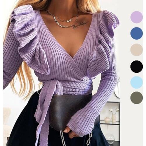 Women’s V Neck Lace Up Wasit Knitted Top Knitwear Long Sleeve Ruffles Solid Crop Top Slim Fit Clothes Fashion Ladies Sweaters