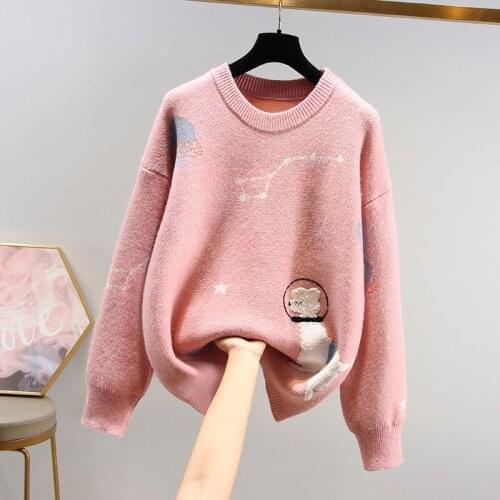 Preppy Style Knitted Women Sweater And Pullovers Winter Pink O-Neck Casual All Match Lady Pulls Outwear Tops