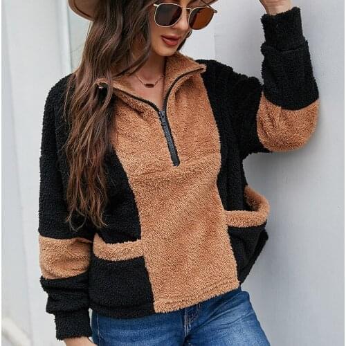 2021 New Womens Fleece Teddy Coat Female Zipper V-neck Long Sleeve Patchwork Warm Sweatshirt Coat Casual Loose Pocket Pullover