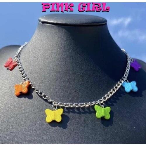 Harajuku Candy Color Butterfly Necklace For Women Resin Cartoon Cute Bowknot Crystal Necklace Charms 90s Aesthetic Gifts New