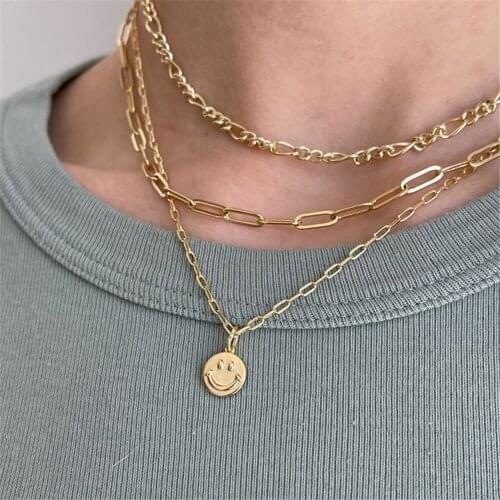 LXY-W Fashion Vintage Gold Punk Thick Chain Smiley Pendant Necklace For Women Boho Trendy Multilevel Choker Jewelry Party Gift