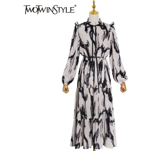 TWOTWINSTYLE Elegant Hit Color Dress For Women O Neck Lantern Sleeve High Waist Vintage Dresses Female Fashion New Clothing 2020