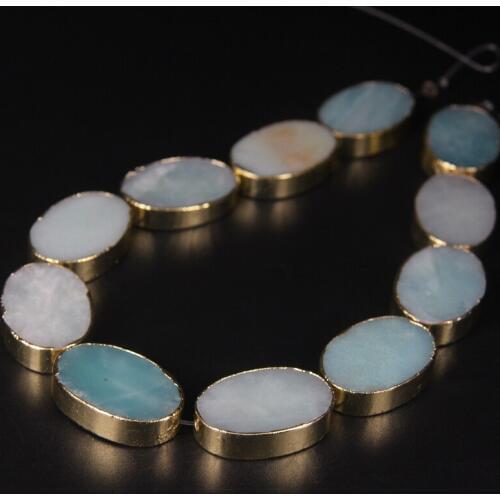 11pcs Natural Amazonite Oval Slice Center Drilled Beads,Gold Edged Blue stones Flat Slab Pendants Bracelets Jewelry Making