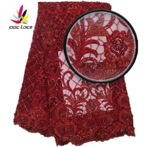 2019 Luxury African Handmade Lace Materials Fashion Tissu Red French Mesh Lace Fabric for Bridal Beaded Lace Fabrics XZ2896B-3
