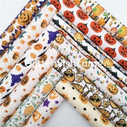 Glitterwishcome 21X29CM A4 Size Halloween Pumpkins stripes skull Printed Chunky GlitterLeather fabric Vinyl for Bows, GM907A