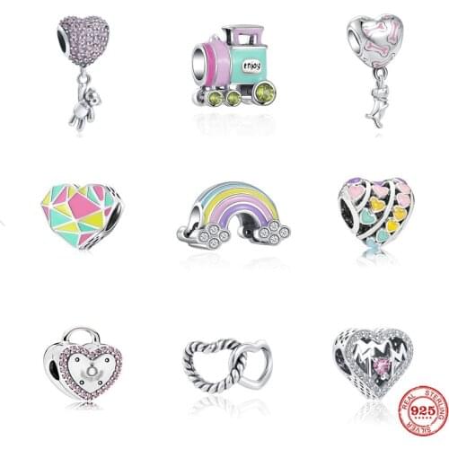 New Original 925 Sterling Silver Shiny Love Heart Charm Train Rainbow Bead Suitable For Ladies Pandora Bracelet DIY Jewelry Gift