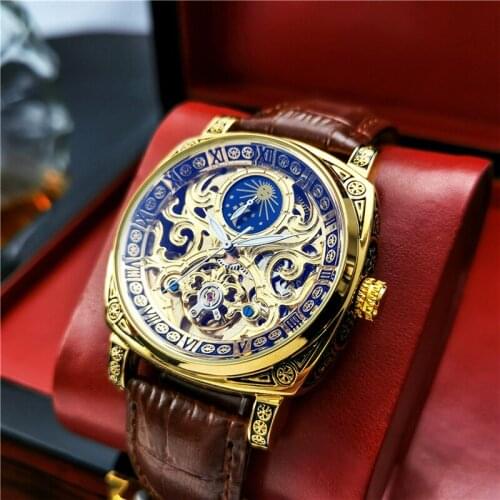 Augulas genuine automatic mechanical watch hollow through the bottom luminous moon phase leather casual watch mens blue light