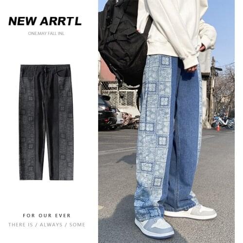 Wide Leg Jeans Male Loose Straight Tide Brand Japanese Casual Printed Trousers Male Side Pipe Printing Jeans