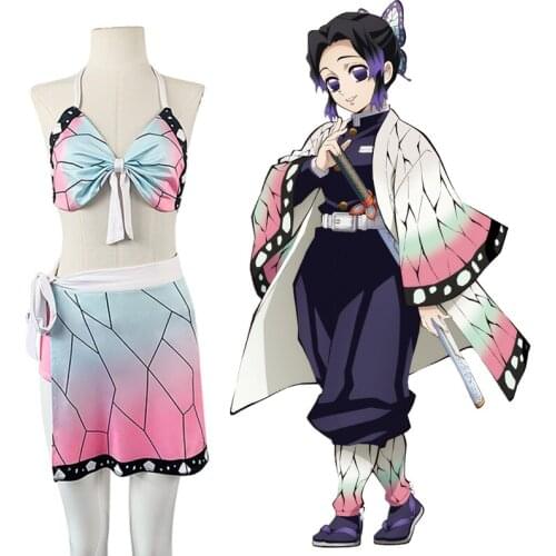 Demon Slayer Kimetsu no Yaiba Kochou Shinobu Swimsuit Lolita Cosplay Costumes Women Girl Outfits Swimming Swimwear Bikin Set