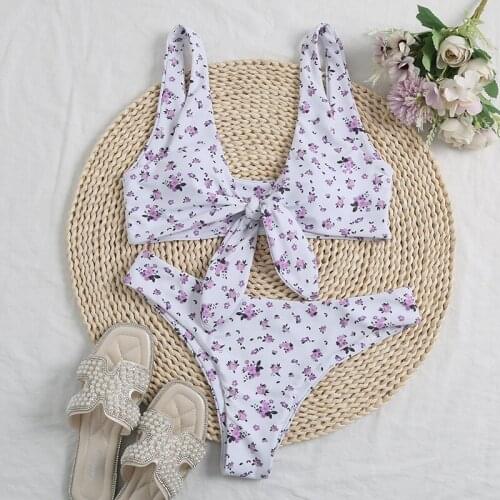 Floral Print Bikini Bandeau Swimwear Women 2021 Front Bow Push Up Swimsuit Bathing Suit Sexy Brazilian Bikinis Set Swim Wear
