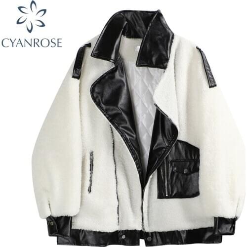 Autumn Winter Lamb Wool Jacket Women Patchwork Leather Coat Lapel Buckle Cool Pilot Thick Warm Loose Motorcycle Jackets Female