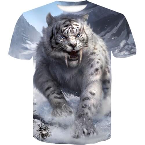 Fashion summer white lion pattern 3D printing mens short-sleeved T-shirt hip-hop lion tiger street clothes loose casual