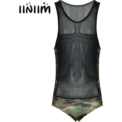 Mens Lingerie Shiny See-through Bodysuit Stretchy Sexy Rave Bar Clubwear Camouflage Print Patchwork Sleeveless Leotard Nightwear