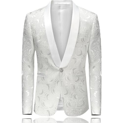 Winter Mens White Rose Jacquard Blazer Singal Breasted Slim Fit Suit Jacket 2021 Male Fashion Banquet Evening Wear
