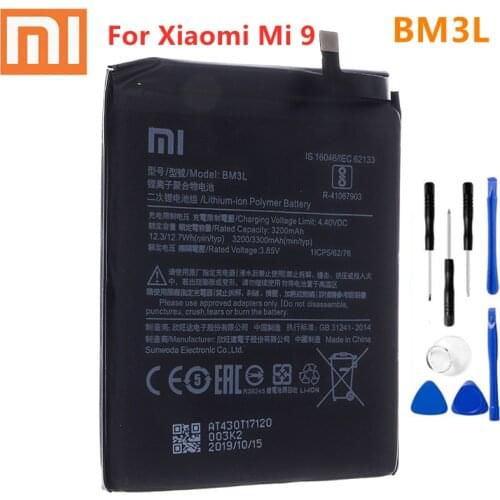 Xiao mi 100% Orginal BM3L 3300mAh Battery For Xiaomi 9 Mi9 M9 Mi 9 BM3L High Quality Phone Replacement Batteries + Tools