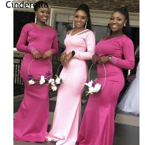 Bridesmaid Dresses African Style V-Neck Long Sleeves Satin Mermaid Bridesmaid Dresses With Zipper Back Wedding Party Dresses