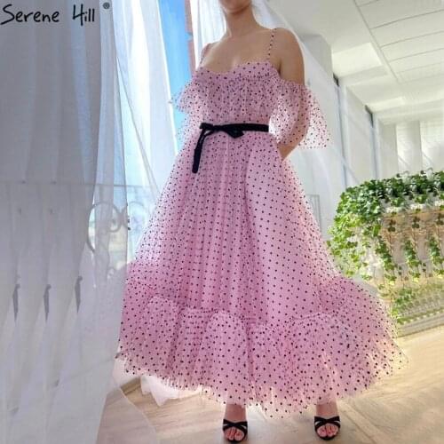Serene Hill Pink Simple Sexy A-Line Tulle Prom Dress Short Sleeves Sashes Ankle Length Formal Party Wear Gown 2020 CLA70522