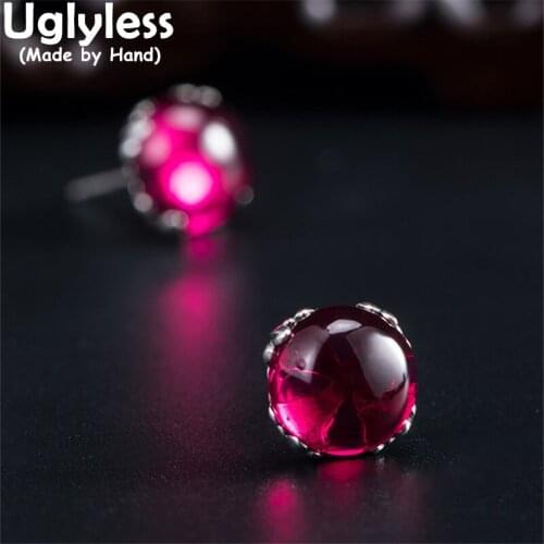 Uglyless Tempting HOT PINK Corundum Black Agate Studs Earrings for Women MINI Earrings Thai Silver Leaves Brincos 925 Silver